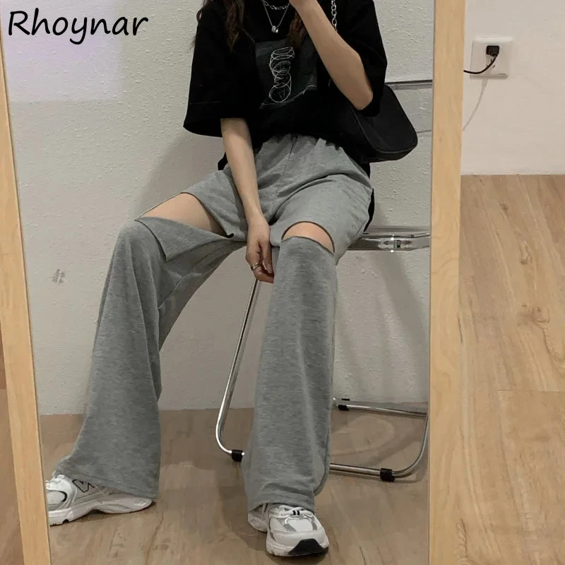 

Летние женские повседневные брюки с дырками, широкие серые брюки, спортивные штаны с эластичной резинкой на талии для бодибилдинга, удобные прямые брюки для мытья полов