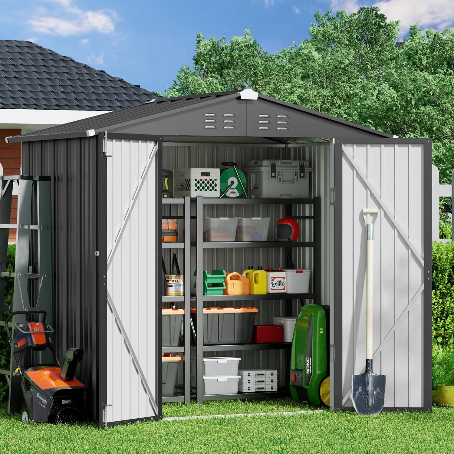 Outdoor Storage Shed 6 x 4 FT, Galvanized Metal Garden Shed with Double Lockable Doors, Outdoor Storage Clearance for Backyard