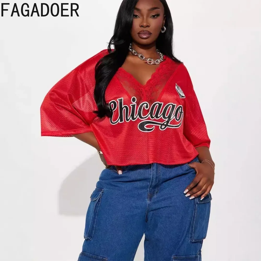 FAGADOER Red Letter Print T-Shirt Women Sexy V-neck Lace Patchwork Basketball Tshirt Hot Girl Exposed Navel Loose Casual Top New