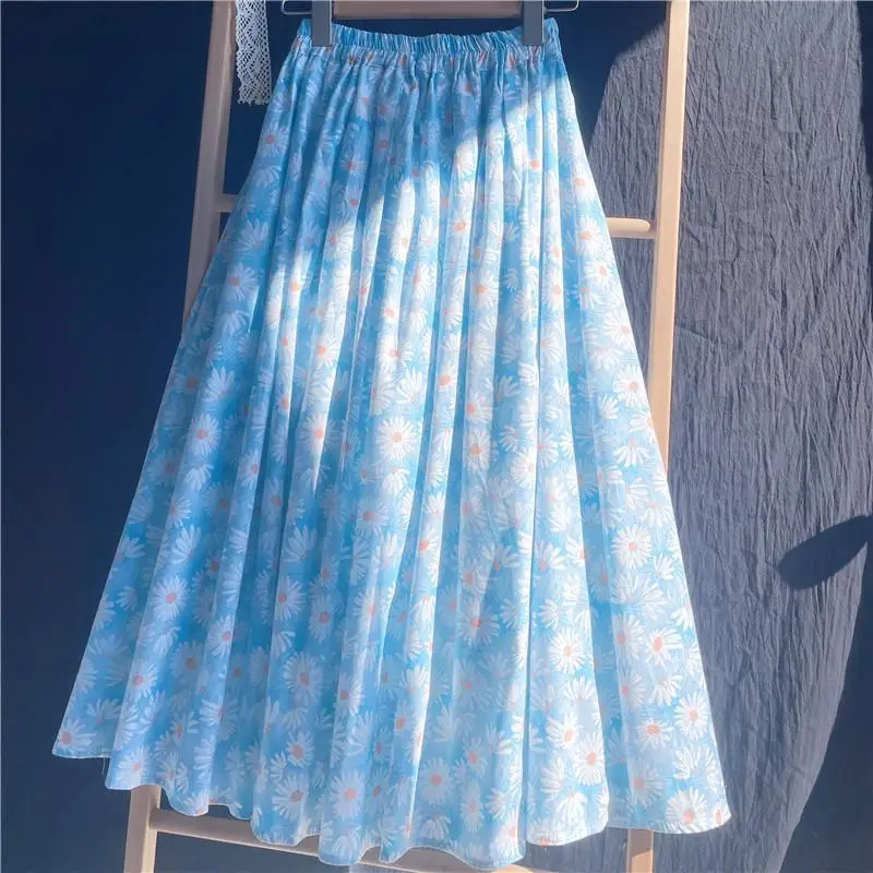 

Light Blue Small Fresh Floral Skirt for Women in Spring and Summer A-line Mid-length Large Sway Chiffon Skirt