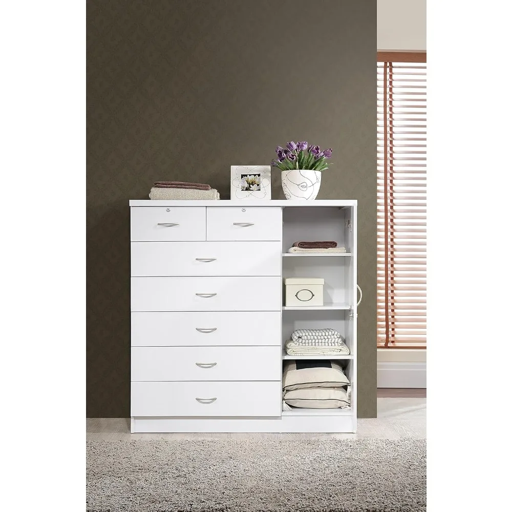 7 Drawer Jumbo Chest, Five Large Drawers, Two Smaller Drawers with Two Lock, Hanging Rod, and Three Shelves | White