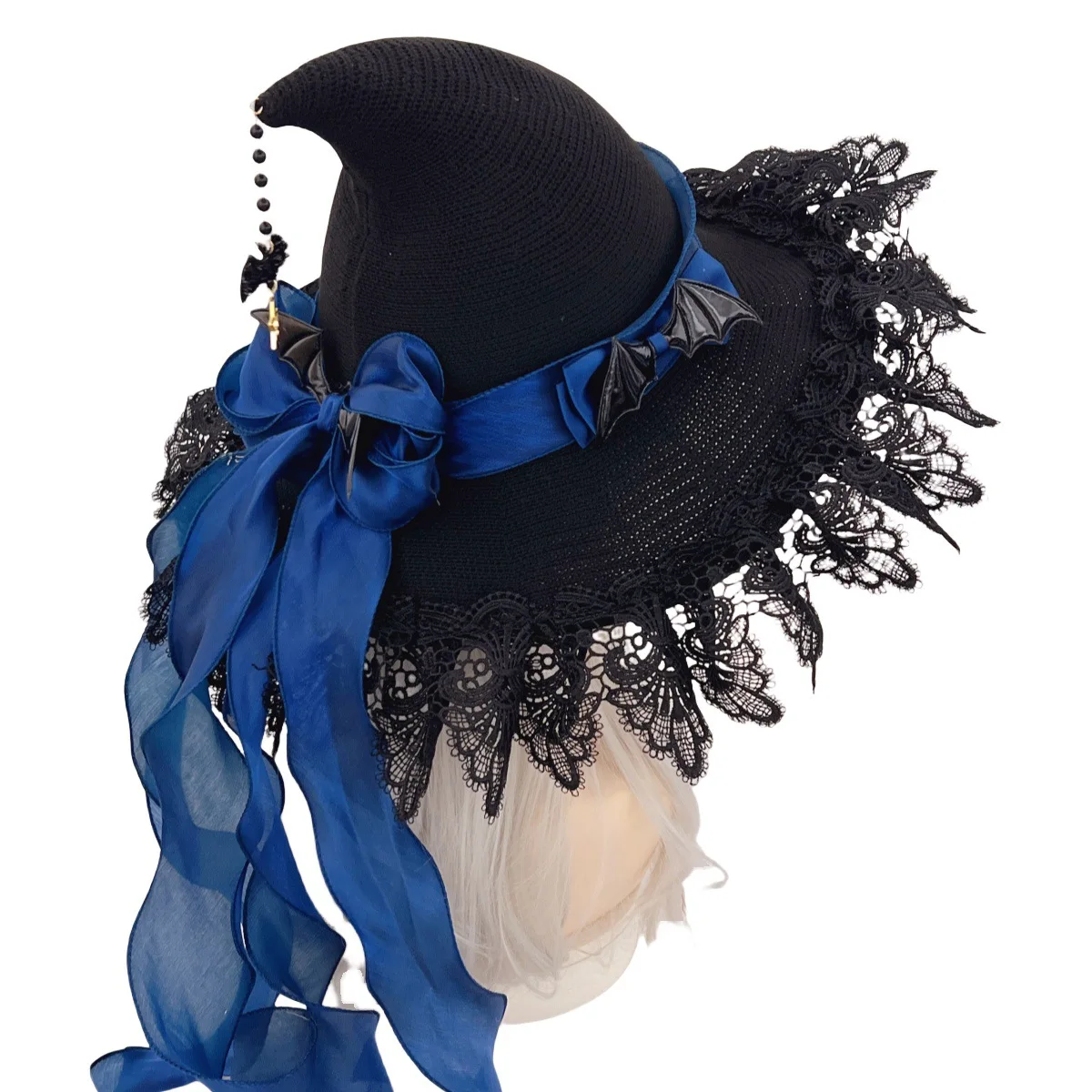 Japanische Halloween Mädchen Gothic Lolita Teufel Schleife Spitze Prinzessin Hut Cosplay Hexenhut Zubehör Perlglanz Sand Fledermaus Anhänger Kappe