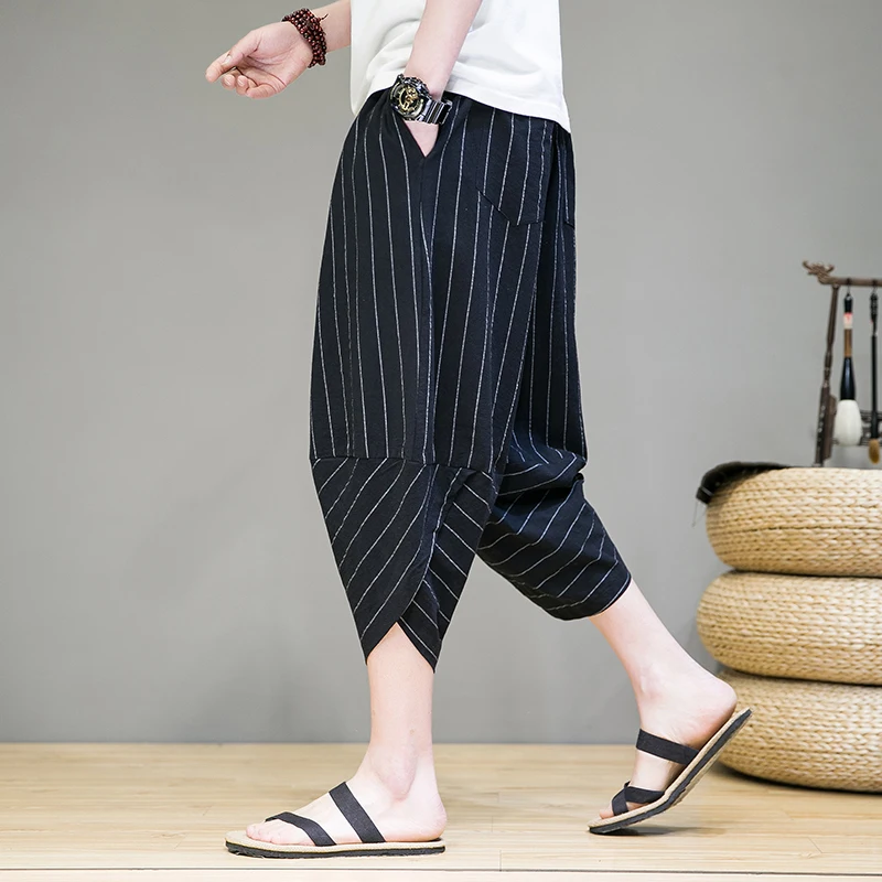 Streetwear Men‘s Harem Cross-pants Cotton Casual Loose Calf-Length Pants Male Fashion Jogger Sweatpants Stripe Trousers 5XL