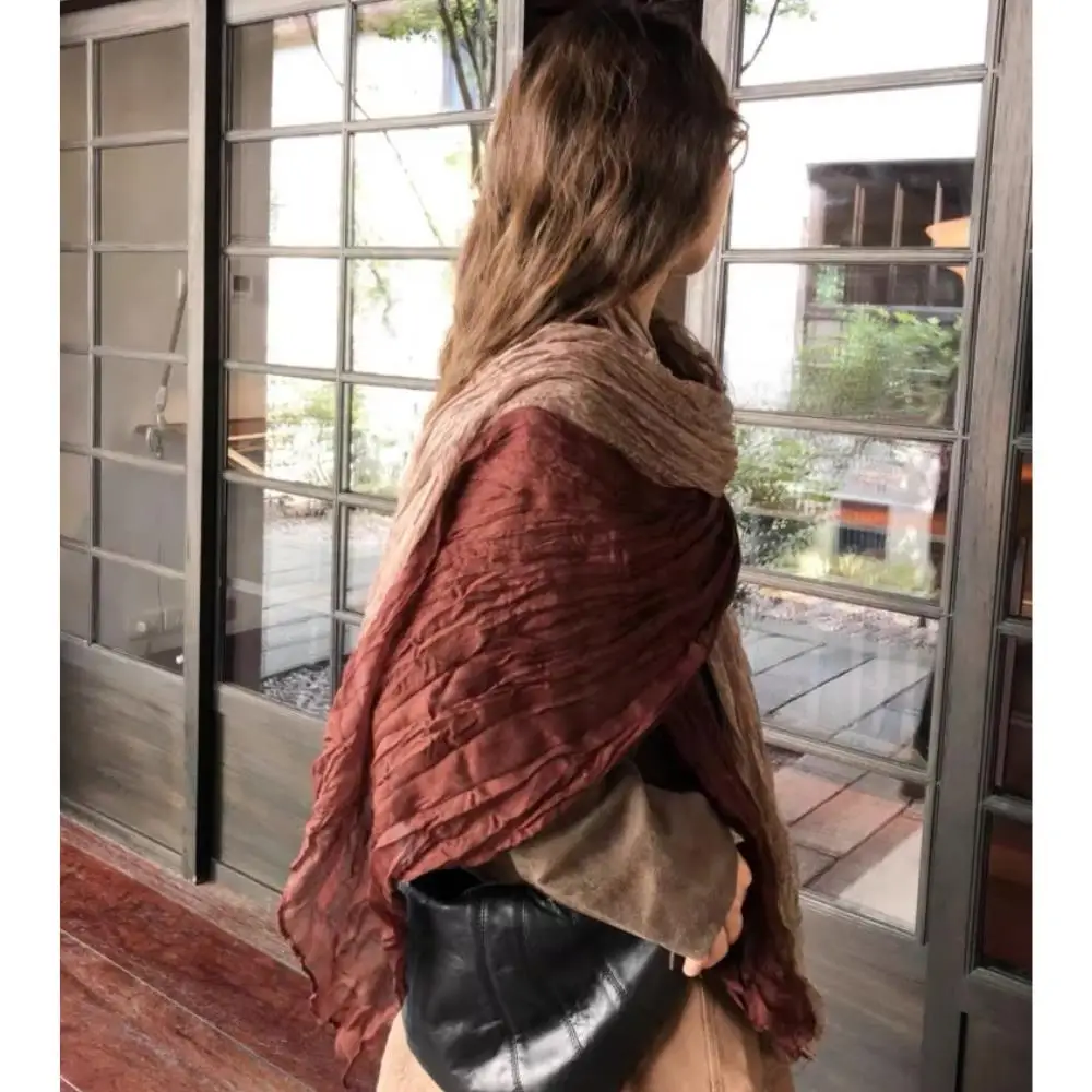 Syal Jilbab Selendang Lipat DIY Lipatan Panjang Selendang Warna Berubah Bertahap Syal Katun dan Linen Gaya Etnik Retro Syal Panjang Wanita