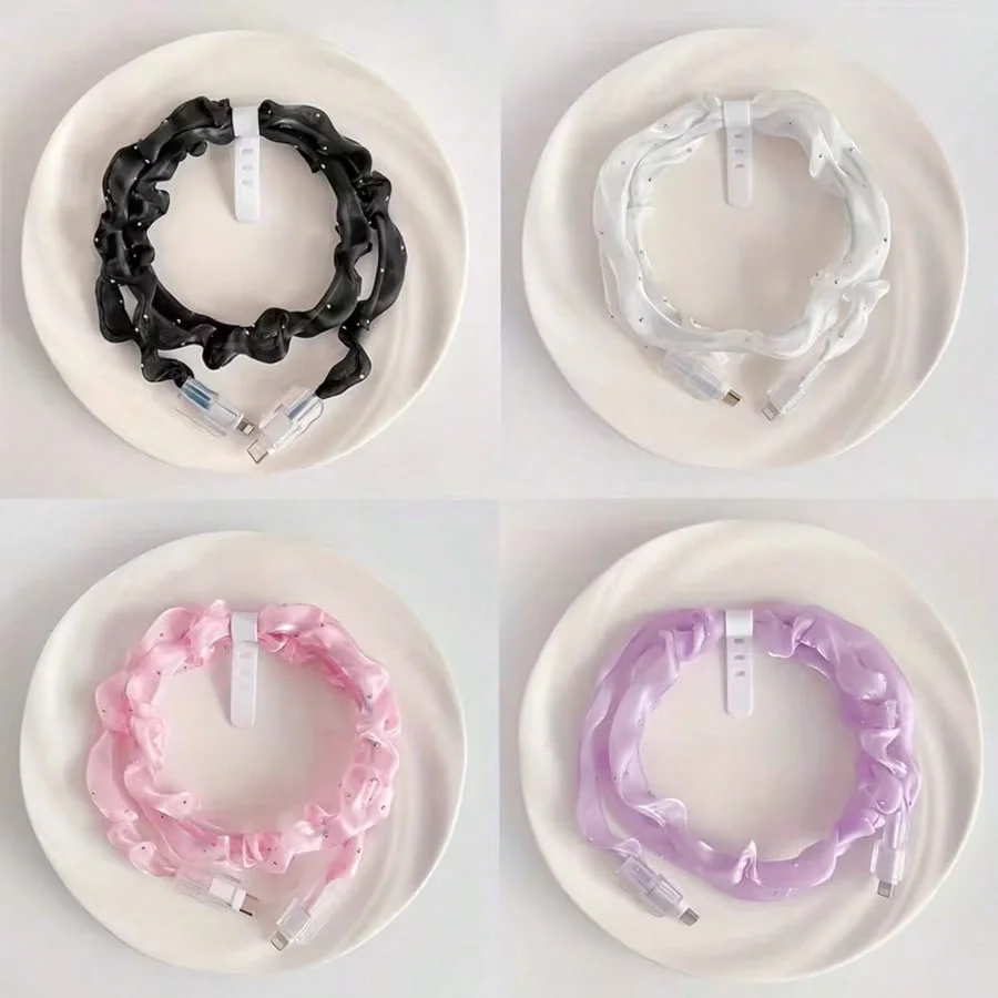 1.4m USB Cable Sleeve, Chiffon Ruffle Cover with Rhinestones, Fashion Phone Charger Cord Protector, for Various Data Lines