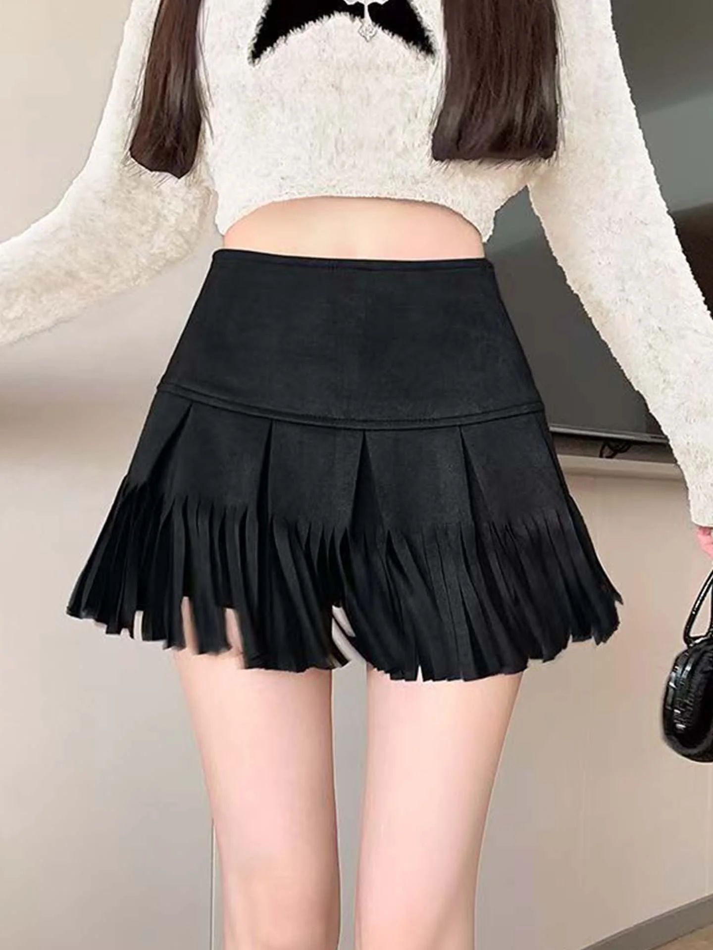 

Suede f-length Skirt Women's Versatile Tassel Anti-luminosi Unique ort Pants Skirt Trendy High-waist A-line Skirt
