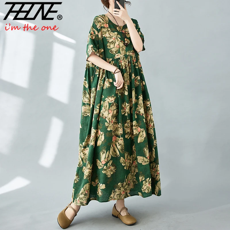 Plus Size Robe Maxi abito lungo estivo donna bohémien floreale coreano manica corta stampa a vita alta Casual coreano Vintage Vestido