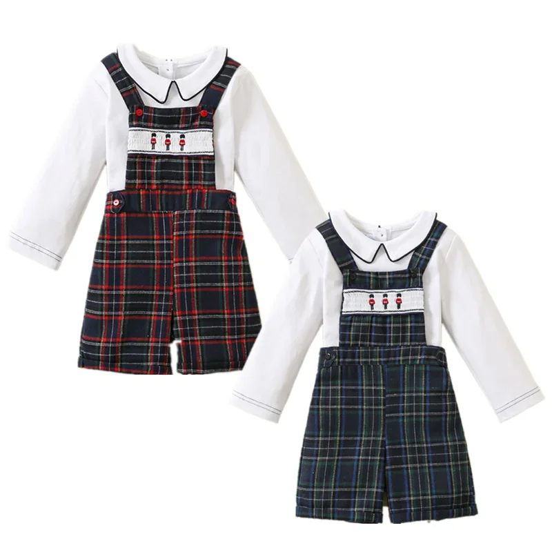 Spanish Baby Clothes Infant Long Sleeve Top and Suspenders Overall Pants Shorts Two Piece Set Newborn Formal Birthday Party Suit