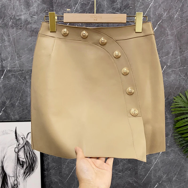 

Юбка-трапеция с высокой талией, женская, из овчины, асимметричная, с металлическим декором, короткая, облегающая, однотонная, для повседневной носки