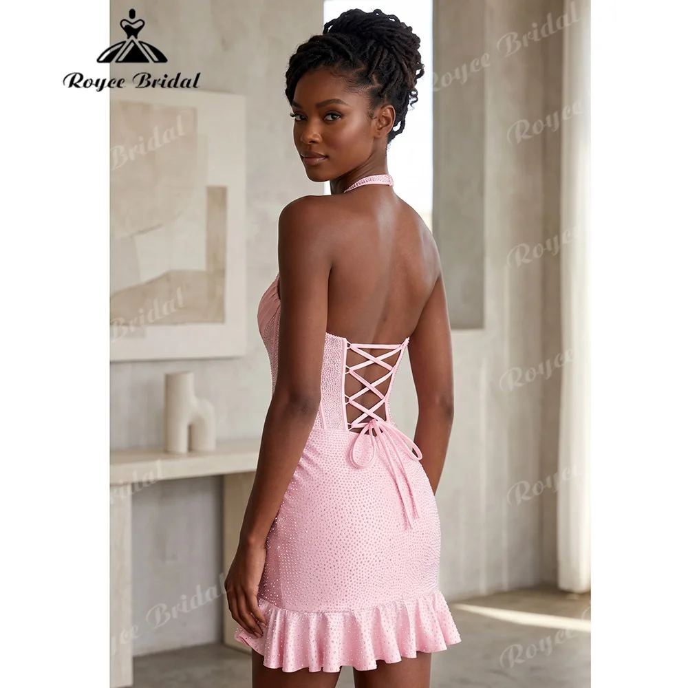 Pink Halter Rhinestone Corset Mini Party Dress Lace Up Back Ruffle Hem Bodycon Short Formal Gown Homecoming Dress Customized