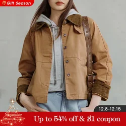 Maden Retro Khaki Corduroy Collar Jacket Heavyweight Canvas Outerwear Loose Fit Casual Coat for Women's Autumn and Winter Tops