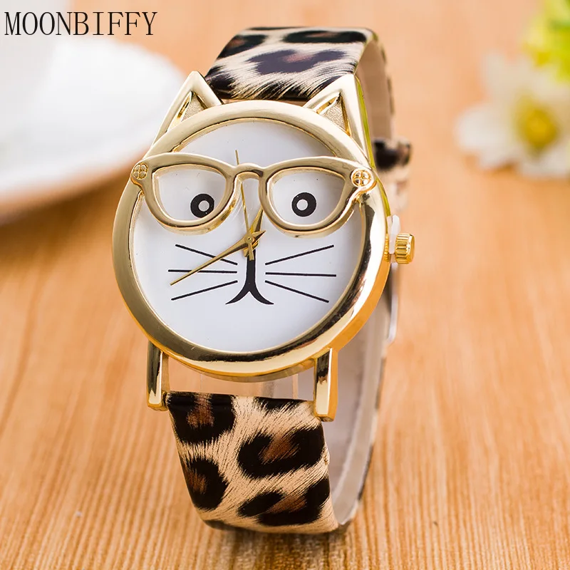 

Women Geneva Watch Leather Strap Analog Quartz Wrist Watches Leopard Cat Face Glasses Kids Clock Ladies Watch Relogio Feminino