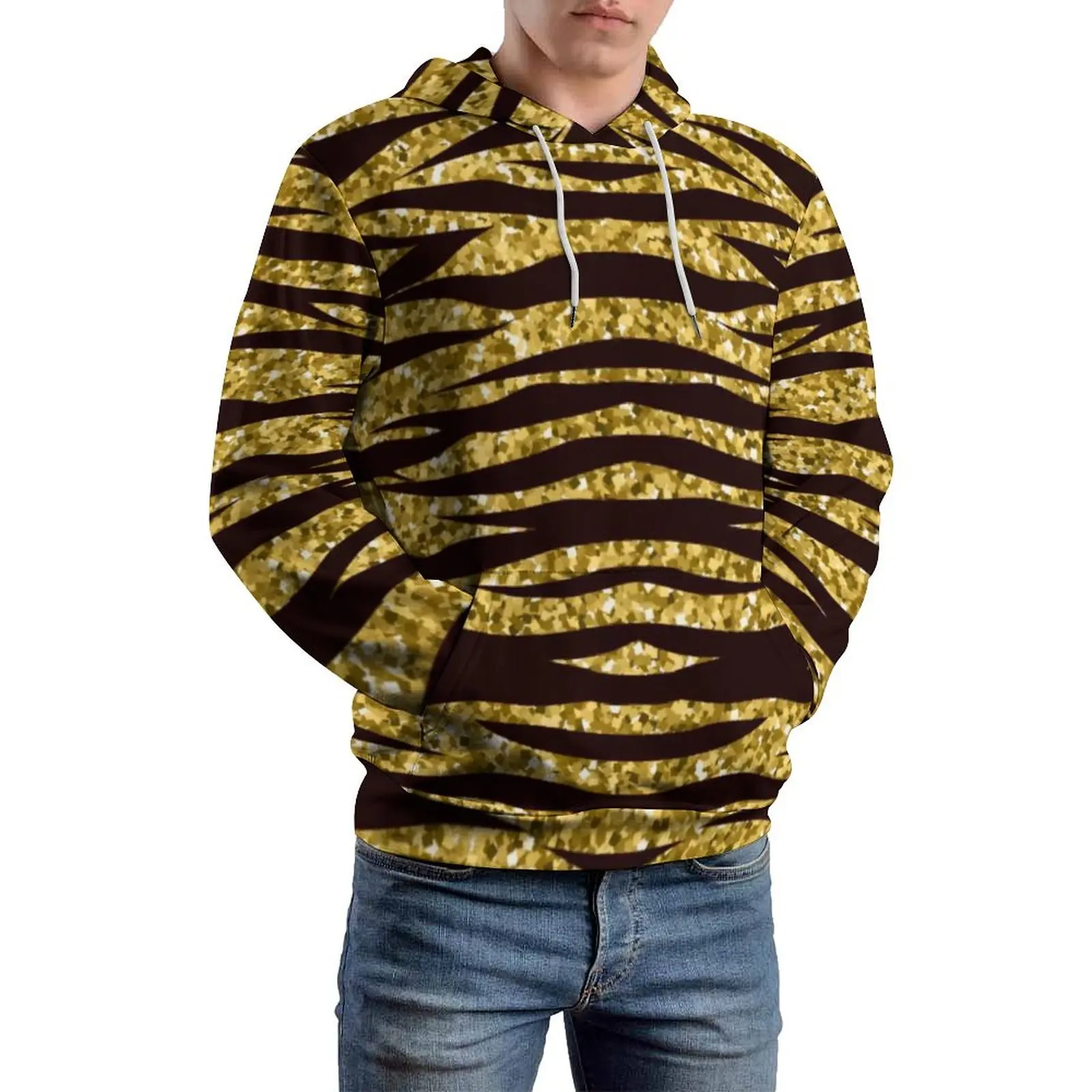 Golden Tiger Print Casual Hoodies Animal Skin Stripes Fashion Pullover Hoodie Men Long-Sleeve Retro Graphic Clothing Big Size