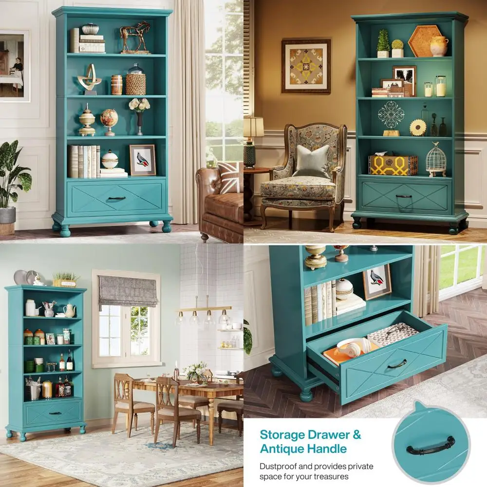 خزانة كتب على الأرض بطول 71 بوصة مكونة من 6 أرفف مع درج وأرجل من الخشب الصلب لعرض تخزين مفتوح كبير #1