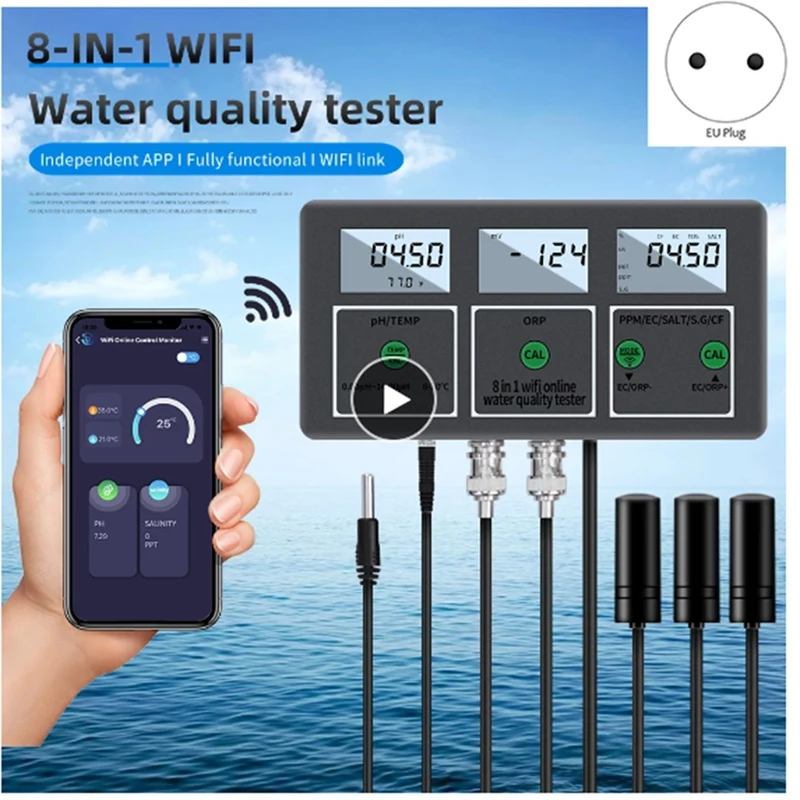 GTBL Tuya Eight in One Digital WiFi Water Quality Tester PH EC TDS SALT SG.Temp ORP CF Meter Multifunction Smart Monitor EU Plug