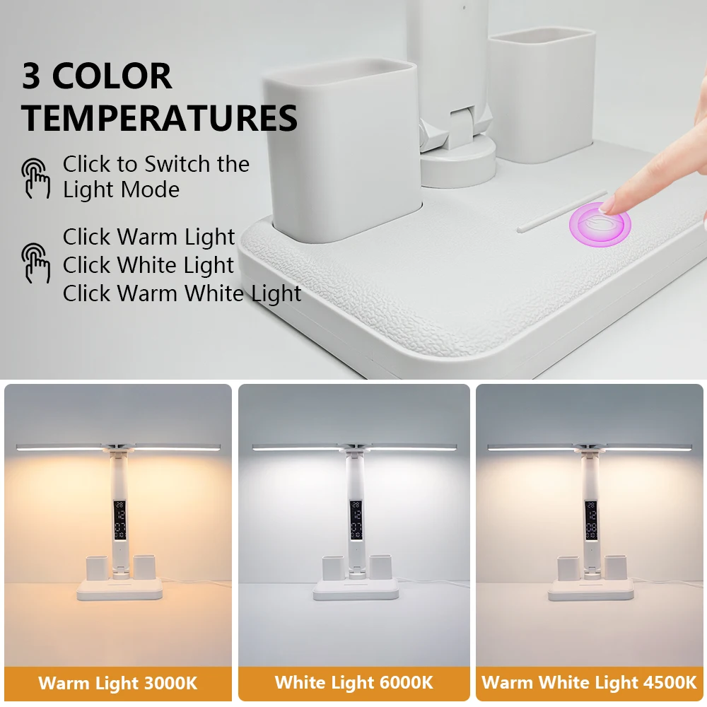 3 Color Foldable Table Lamp Smart Display Clock Desk Lamp Bedroom Decoration Lamp Study Reading Office Night Light LED Desk Lamp