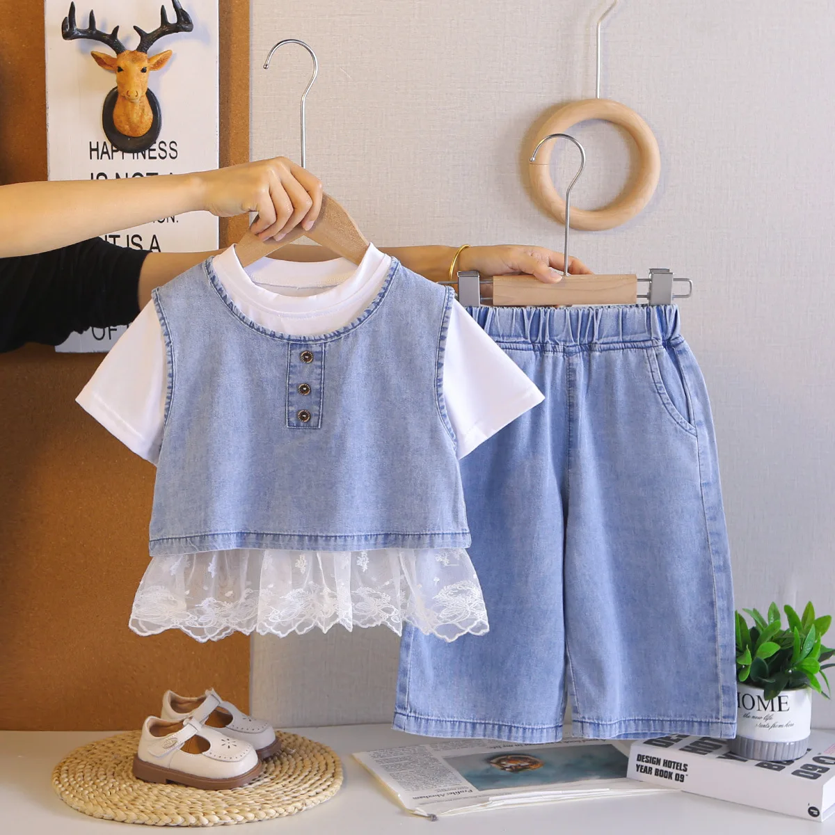 2026 Summer Korean Girls Denim Three Piece Set Lace Vest Short Sleeve Top and Shorts Sweet Outfit Soft Breathable Daily Clothing