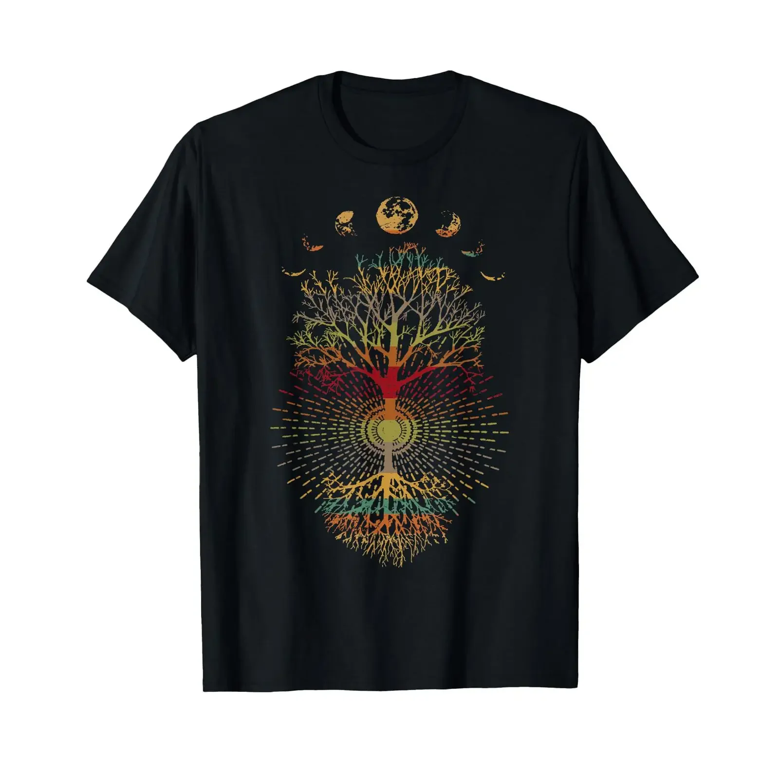 Phases of The Moon Retro 60's 70's Vibe Tree Life T Shirt vintage Washed homme graphic Top For Everyday Wear streetwear Unisex