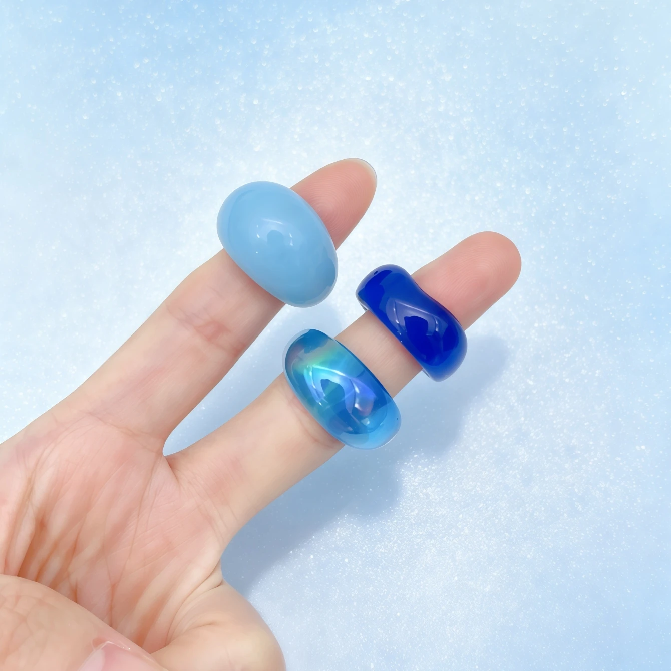 3Pieces Fashion Blue Transparent Glossy Square Resin Rings For Women Children Mix Style Simple Daily Jewelry Party Gifts