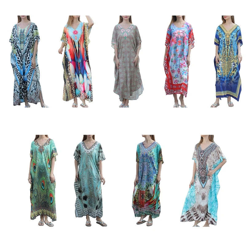 Frauen Halbarm Cover Up Kaftan Robe Boho Feder Strand Maxikleid