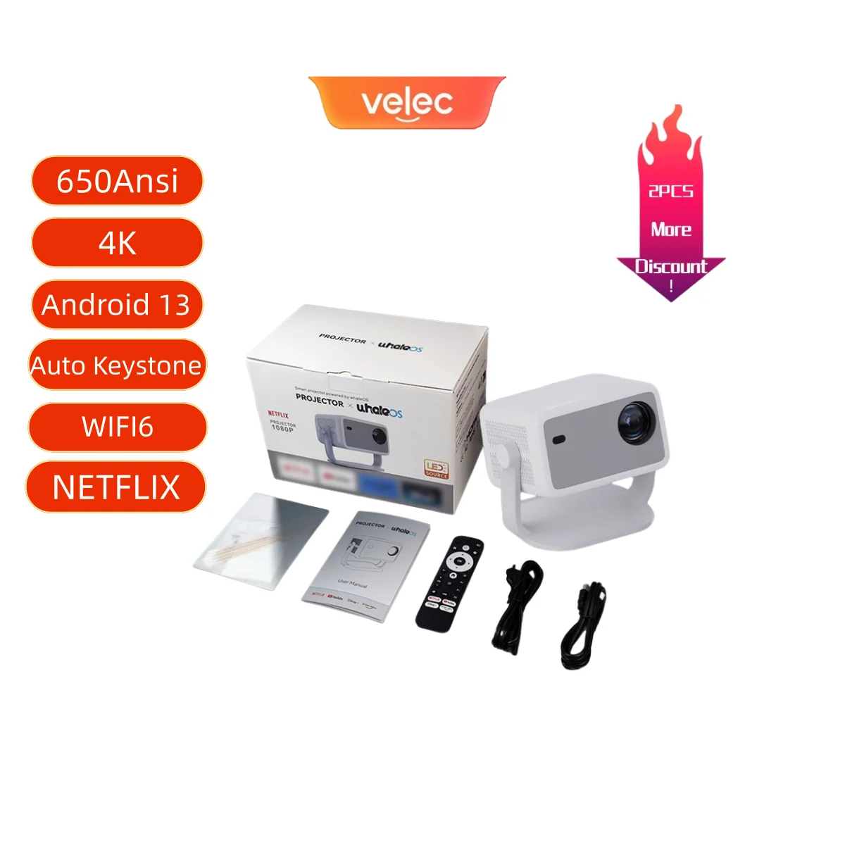 Velec Projector Netflix Certification 650ANSI Android 13 Portable 4K Native Wifi6 BT5.2 1080P Auto Keystone Correction TP350