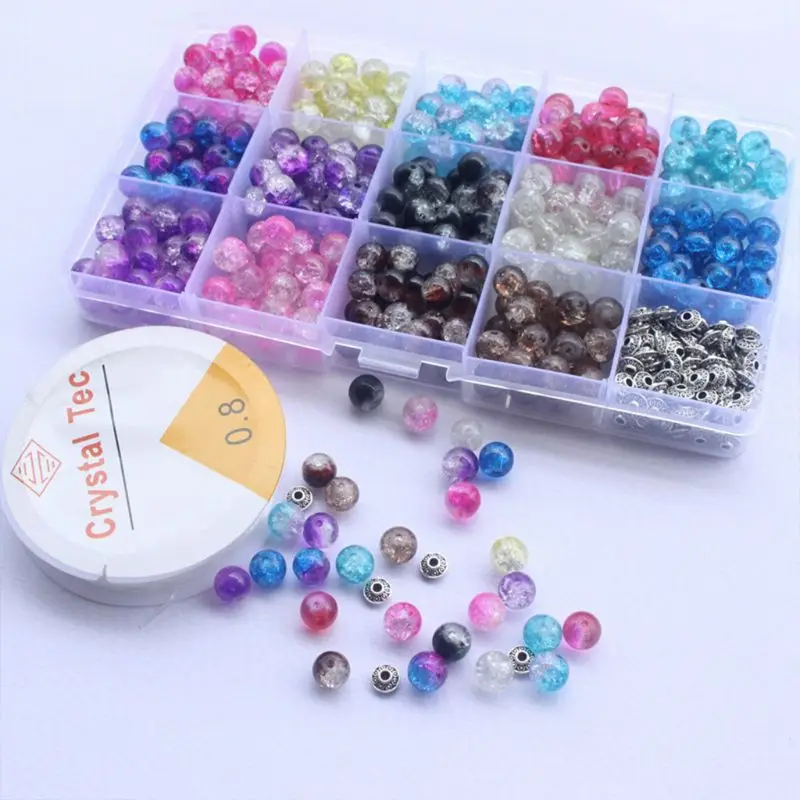 350Pcs 14 Color 8mm Crackle Lampwork Round Glass Beads with 50Pcs Silver Spacers Stretch Cord for Jewelry DIY Drop Shipping