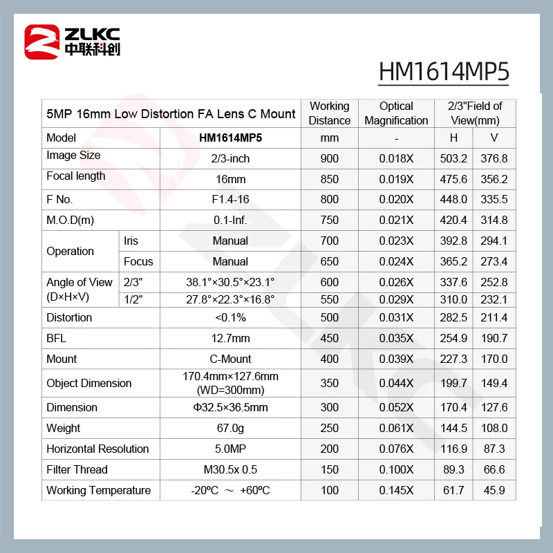 ZLKC F1.4 Obiektyw przemysłowy 16 mm Stała ostrość 2/3'' C Mount Lente 5MP FA Kamery CCTV Obiektywy o wysokim kontraście do wizji maszynowej