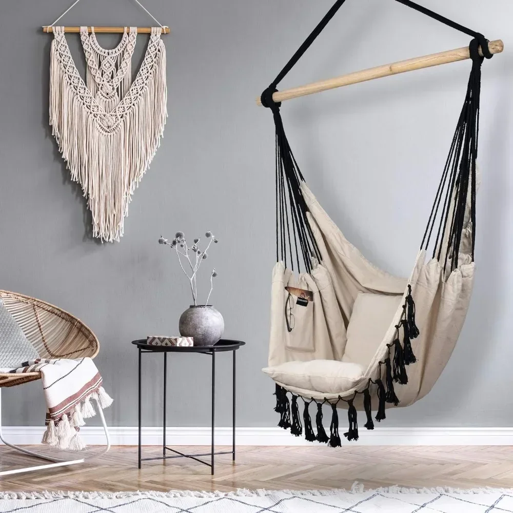 

Durable Cotton Canvas 2 Cushions Included Large Macrame Hanging Chair with Pocket for Bedroom Ivory/Black Patio Swings