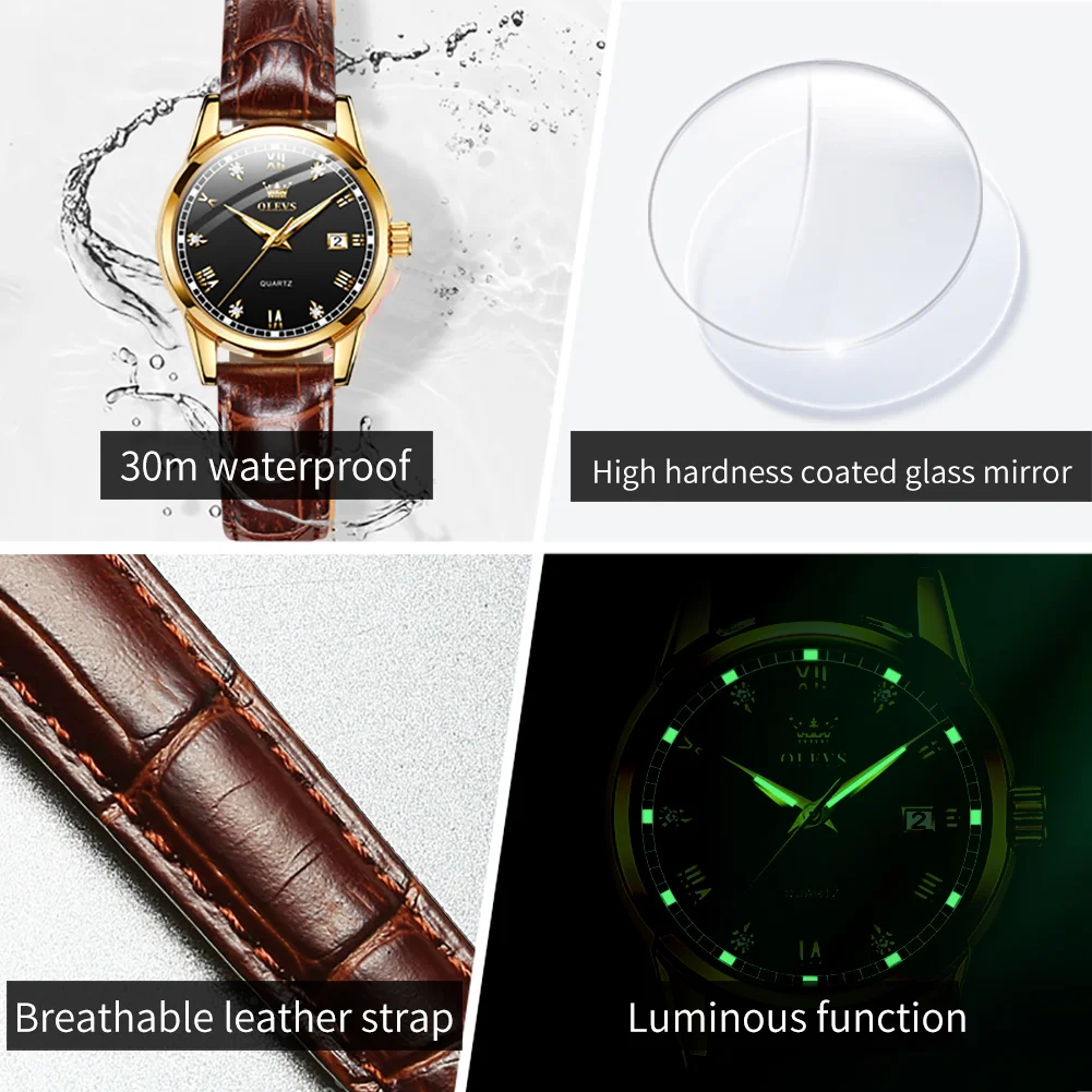 OLEVS 2024 Fashion Quartz Watch for Women Leather Strap Waterproof Calendar Womens Watches Top Brand Luxury Ladies Wristwatches