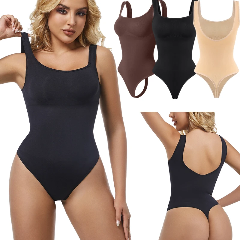 Body sans couture pour femmes, vêtement modelant, contrôle du ventre, col carré, débardeur, dos nu, modelant le corps, tongs, sous-vêtements, taille fine