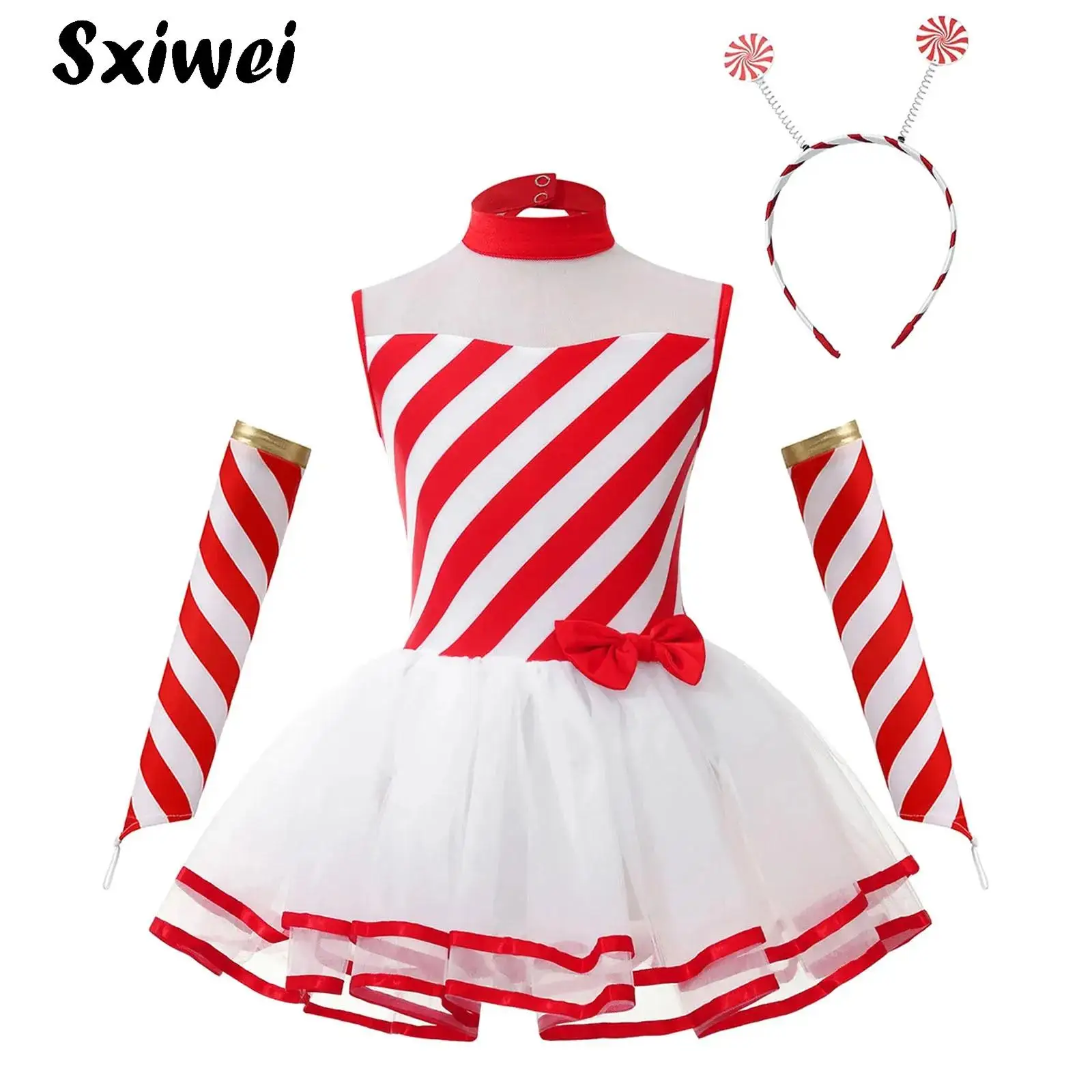 

Kids Girls Candy Cane Striped Ballet Dress Dancewear Christmas Performance Costume Roller Figure Ice Skating Leotard Dance Set