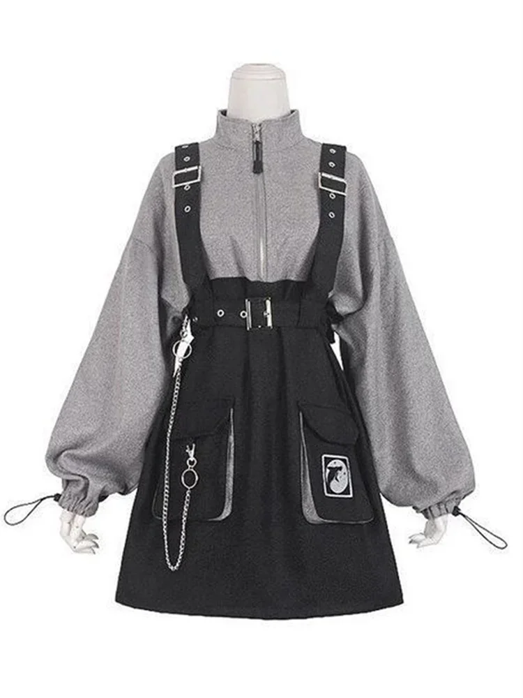 2025 New Retro Woman's Dress Gothic Girls Y2K Vintage Strap Belt Chain Loose Sweatshirt Dresses Sets Lolita Korean Robe Femme