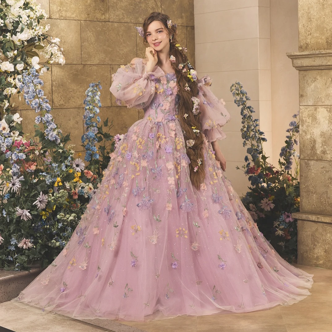 

Вечернее платье из тюля с садовой цветочной аппликацией, великолепные рукава-фонарики, пыльно-розовые платья для выпускного вечера, длинные трапециевидные гала-красительные платья 2026