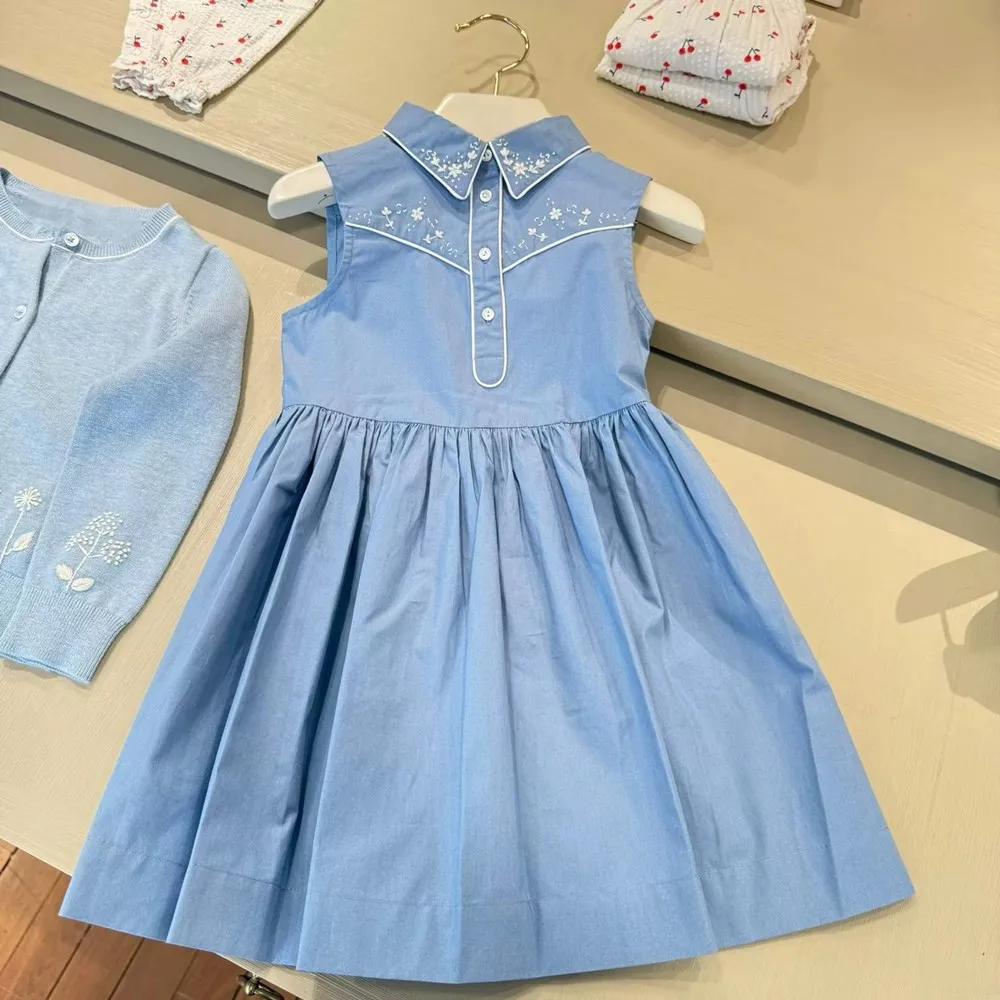 

Blue sleeveless dress girl's dress temperament Flower embroidery lapel French style dress