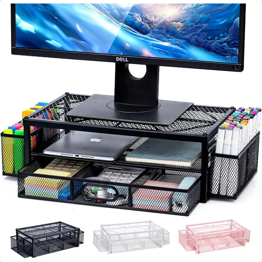 

2Tier Monitor Stand for Desk Metal Computer Monitor Riser with Drawer and 2 Pen Holders Laptop Riser Mesh Desk Organizer for Ho