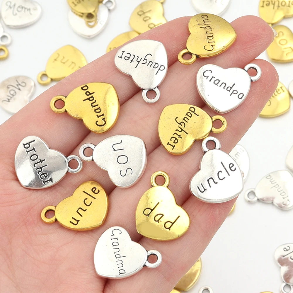 10set/lot Alloy Pendant Enamel Charms Mixed Antique Gold Silver Heart Charms Family Member Letter Charm for DIY Jewlery Makings