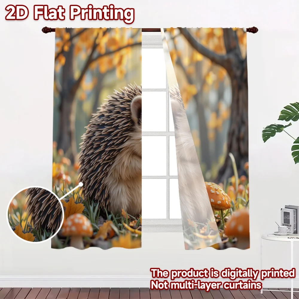 2D flat 2pcs Curtain Country Style Autumn Hedgehog and Mushrooms Digitally printed polyester Birthday Party Use for Holiday Home