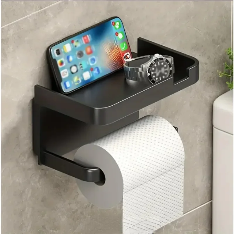 Toilet Paper Holder Black ABS No Drill Kitchen Storage Bathroom Accessories Self-Adhesive Wall Mounted Tissue Rack Mobile Shelf