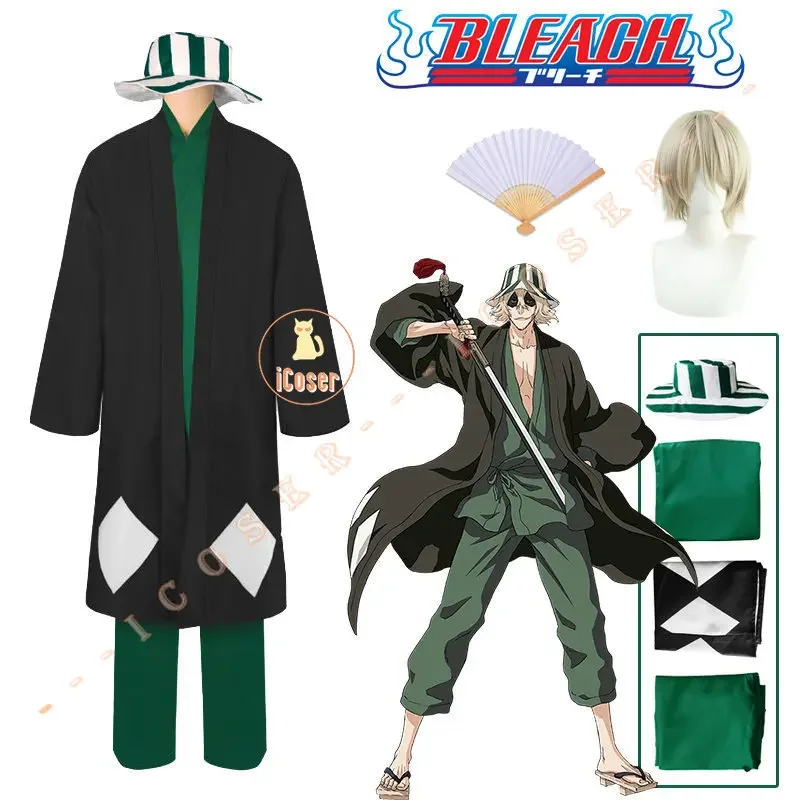 Anime Bleach Urahara Kisuke Cosplay Costume Wig Black Green Cloak Haori Outfit Bucket Hat Fan Thousand-Year Blood War for Men