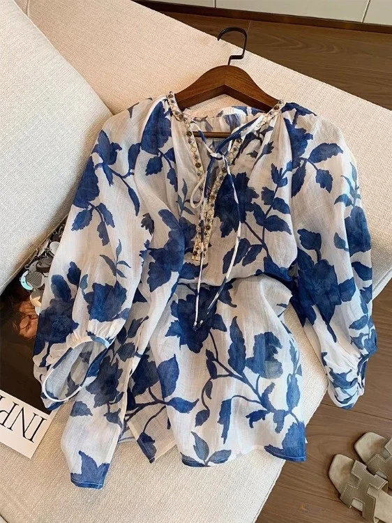 

Ele V-Ne тонкая льняная блузка с поясом и принтом, корейская свободная посадка, новое поступление, летняя женская качественная блузка премиум-класса