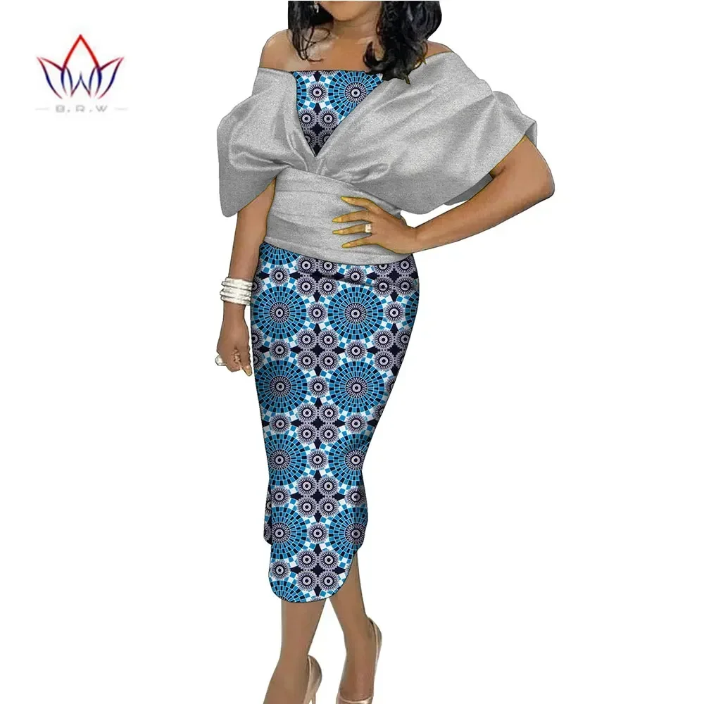 

African Print Dress for Women Silver Gold Sleeves High Waist Pencil Dress for Party Cocktail Ankara Midi Dresses WY10479