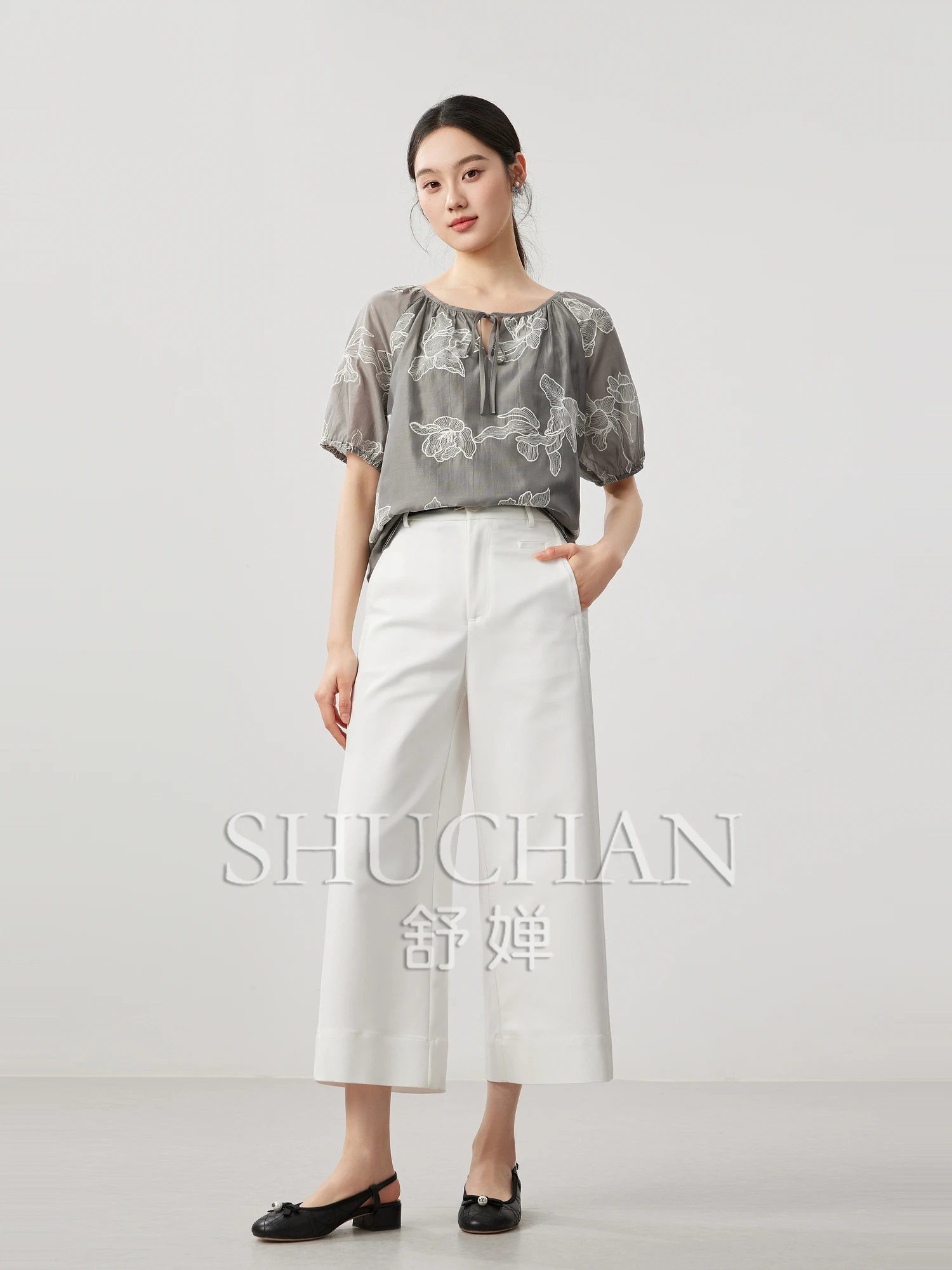 Good Quality 25 Charlessel Blended Begonia Embroidered Bubble Sleeve Short Lace-Up Delicate Shirt Womens Tops