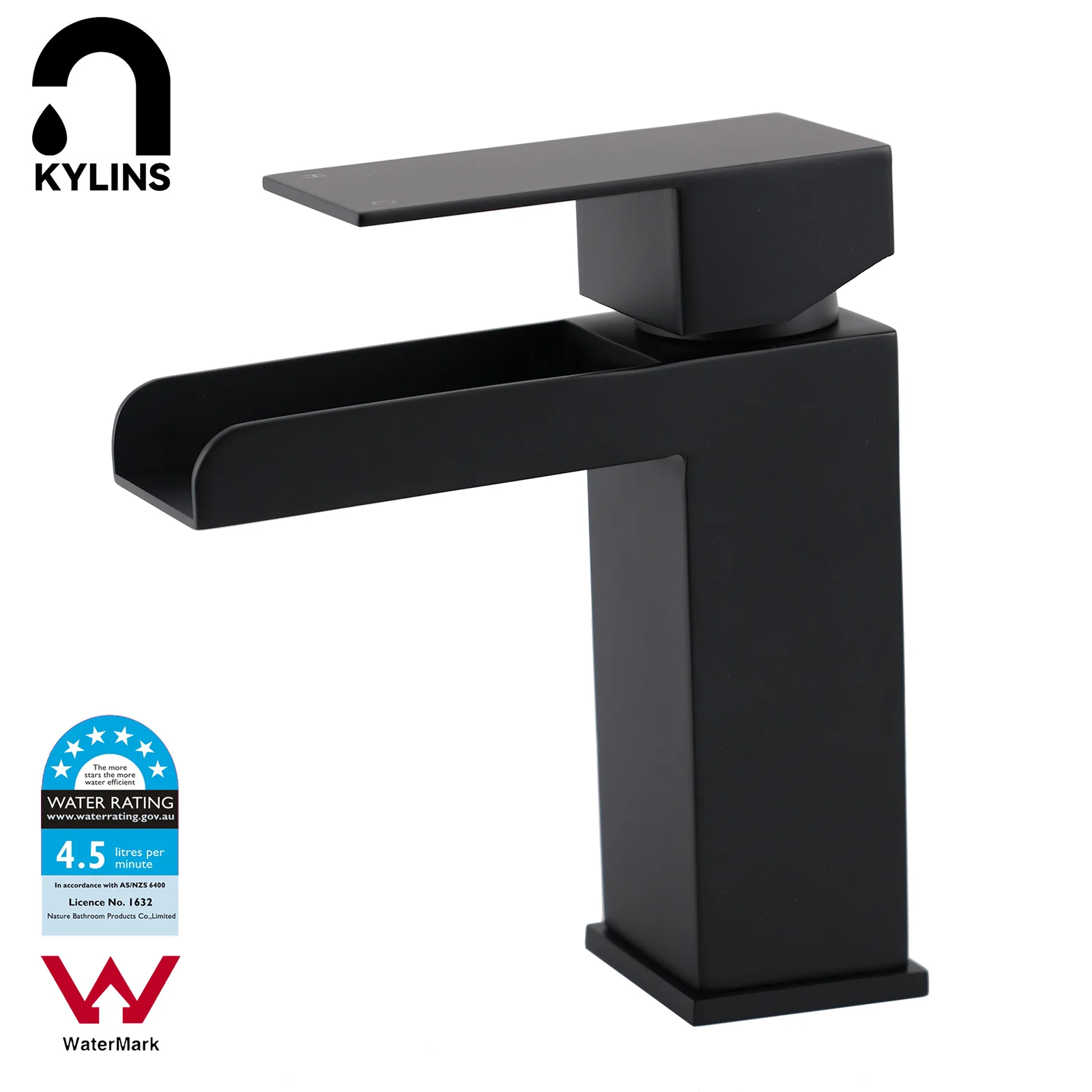 **Sydney Stock** KYLINS Waterfall Basin Mixer Tap Bathroom Sink Faucet Vanity Spout Matte Black Square WaterMark Wels