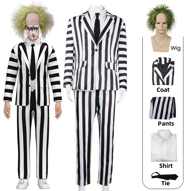 Men's Beetle Movie Juice Cosplay Costume Black and White Stripe Jacket Shirt Pant Set Adult Halloween Outfit