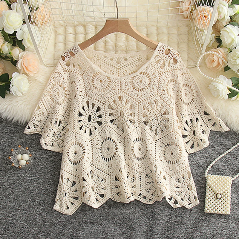 Summer Short sleeved Knitted Shirt Women Hollow out Sheer Blouse Vintage Crochet Crop Tops