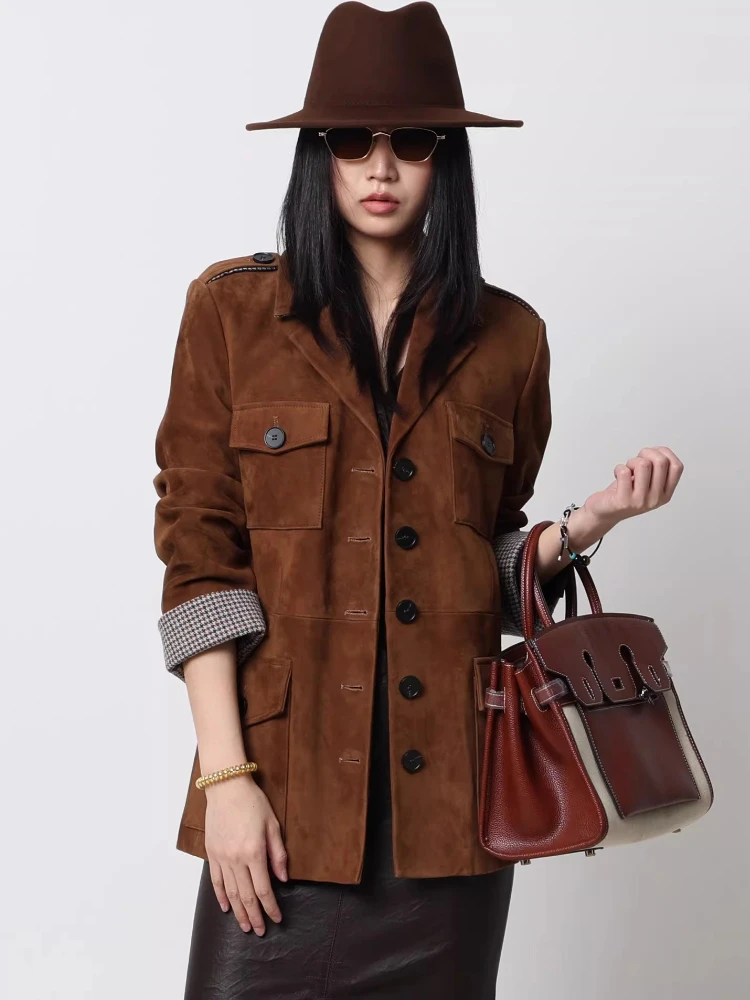 

Vintage Genuine Leather Windbreaker Jackets for Women Spring Autumn High-end Simple Casual Loose Real Sheepskin Suede Coat