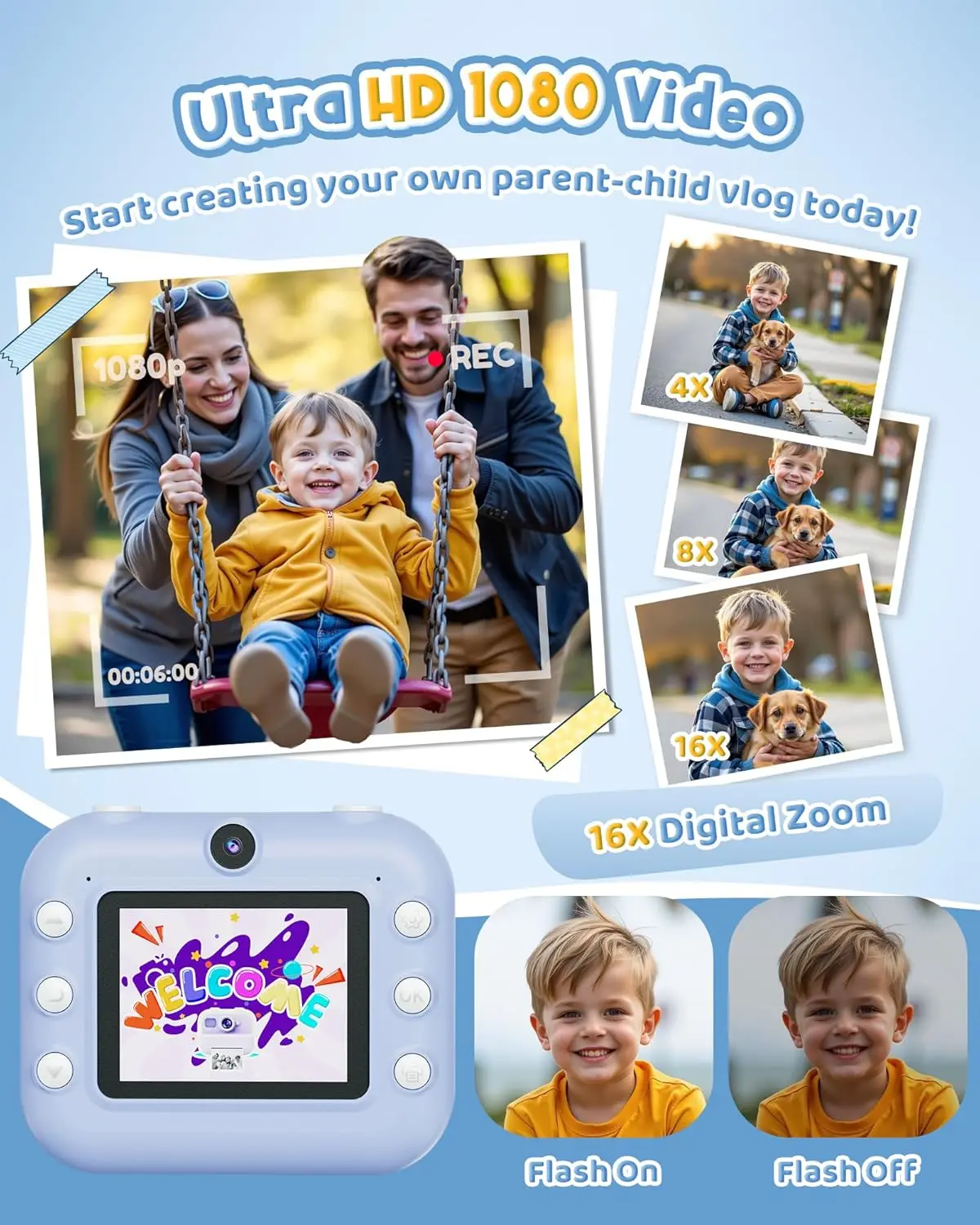 Instant Camera Selfie Kindercamera met 1080P-video's Vakantie Verjaardagscadeaus voor kinderen Leeftijd Draagbare reisprint Digitale camera Speelgoed