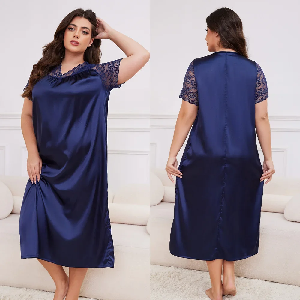 

Big Size 5XL New Nightgown Women Leisure Homewear Sexy Lace Splicing Sleeve Nightdress Long Sleepwear Soft Satin Loungewear