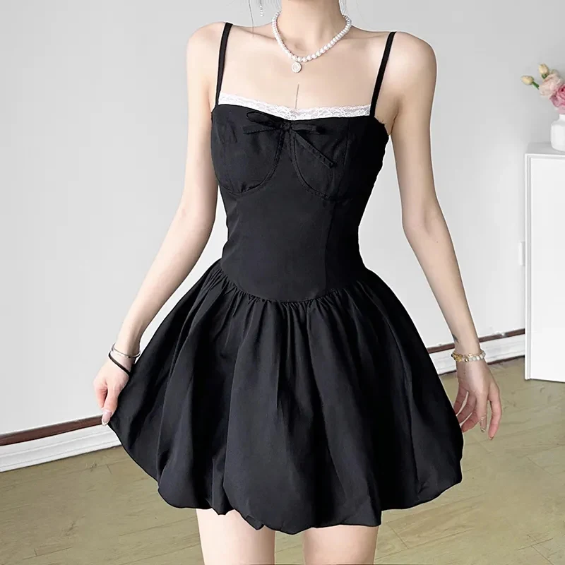 

Sweet Lace Patchwork Black Camis Dress Women Summer French Elegant Bow Decorate Slim Mini Dress Y2K Fashion All Match Tutu Dress