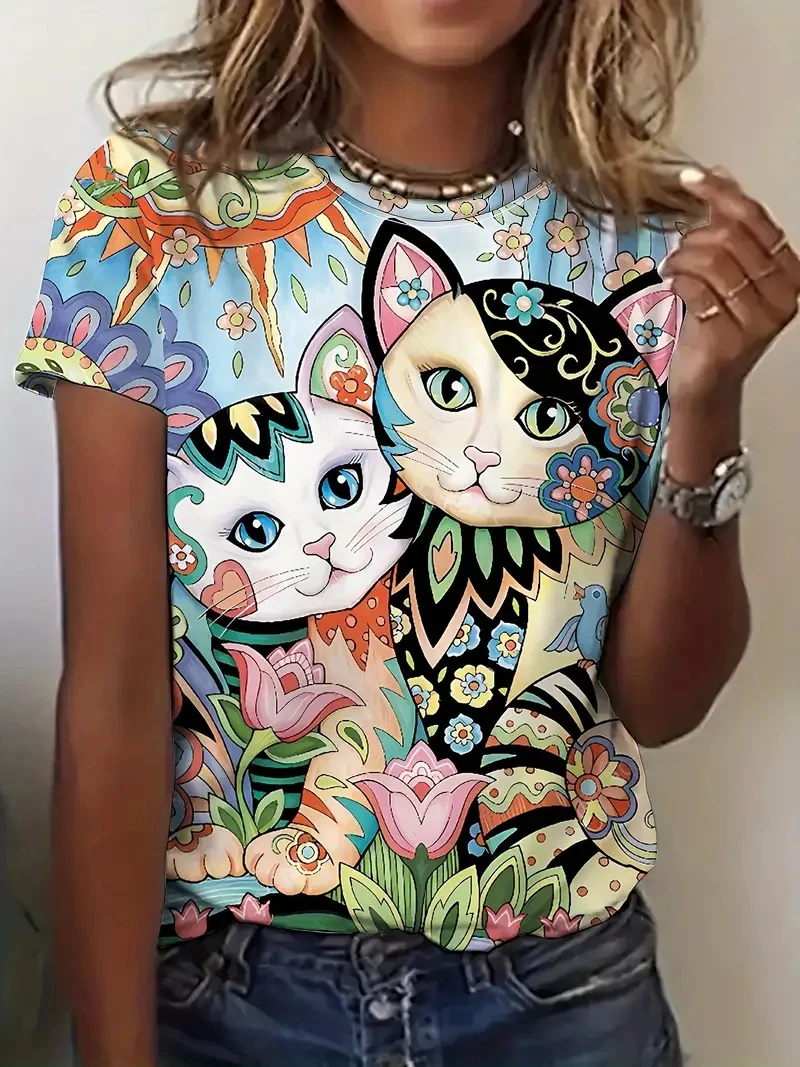 Funny 3D Cat Print Women's T-Shirts Casual O-neck Short Sleeve Tees Animal Pattern Loose Shirts Summer Female Clothing Girl Tops
